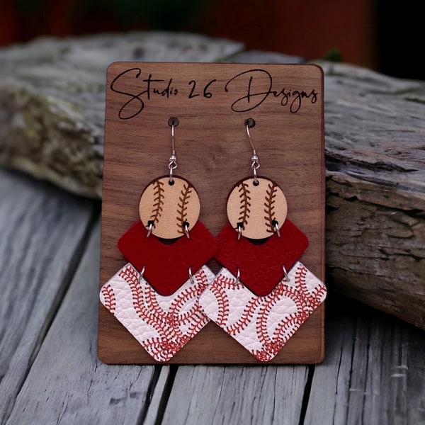 Game Day Leather Baseball Chevron Earrings | Team Colors | Customizable Earrings | Wooden Baseballs | Genuine Leather