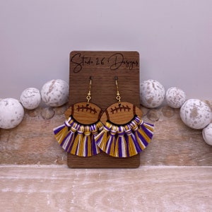 Game Day Purple Gold and White Football Fringe Earrings | Football Tassels | Customizable Team Color Earrings