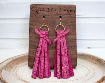 Pink Splatter Genuine Leather Tassel Tie Earrings | Pink Iridescent Leather | Holographic Leather | Leather Tassel Earrings
