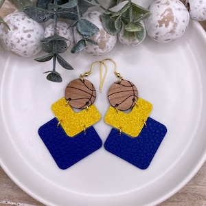 Game Day Blue and Yellow Glitter Leather Basketball Chevron Earrings | Team Spirit Earrings | Customizable Team Color Earrings