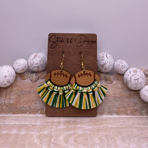 Game Day Green Yellow and White Football Fringe Earrings | Football Tassels | Customizable Team Color Earrings