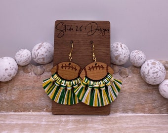 Game Day Green Yellow and White Football Fringe Earrings | Football Tassels | Customizable Team Color Earrings
