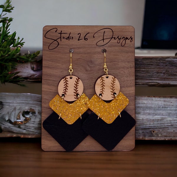 Game Day Black and Gold Sparkle Leather Baseball Chevron Earrings | Team Colors | Customizable Earrings | Wooden Baseballs