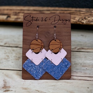 Game Day Carolina Blue and White Glitter Leather Basketball Chevron Earrings | Team Spirit Earrings | Customizable Team Color Earrings