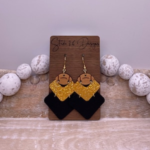 Game Day Black and Yellow Leather Football Earrings | Team Spirit Earrings | Customizable Team Color Earrings