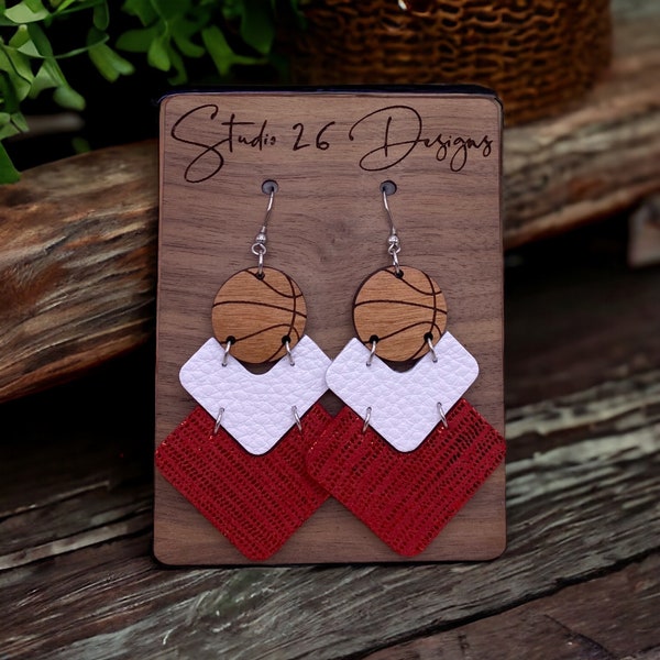 Game Day Red Sparkle and White Leather Basketball Earrings | Team Spirit Earrings | Customizable Team Color Earrings