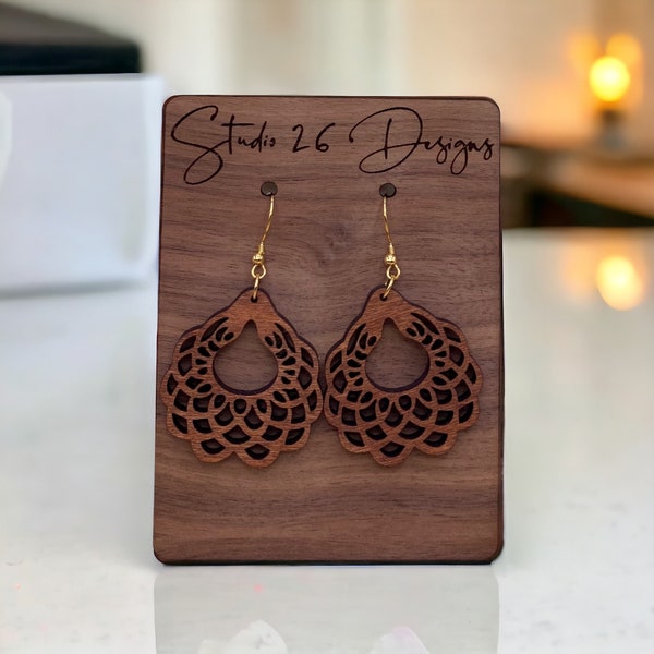 Stained Wooden Earrings | Intricate Lace Cutout | Boho Wooden Earrings | Scalloped Earrings