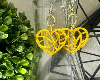 Geometric Heart Earrings | Acrylic Heart Earrings | Laser Cut Earrings | Gold Shimmer | Custom Color Dangle Earrings | Gift | Custom Jewelry