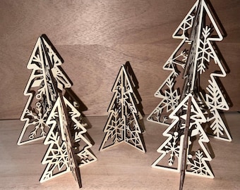 5 Wooden 3D Snowflake Trees Set, Standing Wooden Christmas Tree Decor, Assorted Sizes, Custom Color, Gift Set, Home Decor, Laser Cut Wood