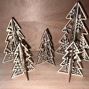 5 Wooden 3D Snowflake Trees Set, Standing Wooden Christmas Tree Decor, Assorted Sizes, Custom Color, Gift Set, Home Decor, Laser Cut Wood image 1