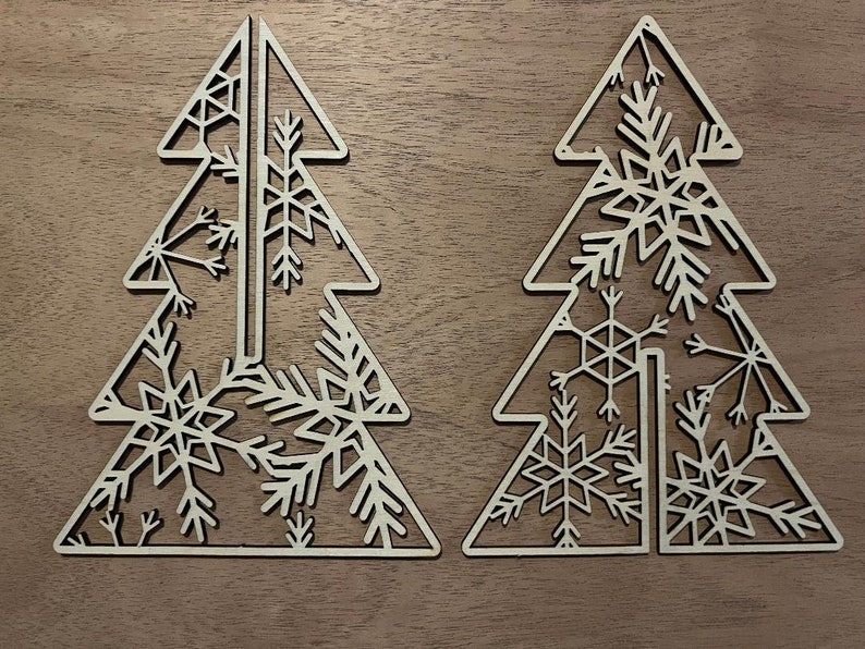 5 Wooden 3D Snowflake Trees Set, Standing Wooden Christmas Tree Decor, Assorted Sizes, Custom Color, Gift Set, Home Decor, Laser Cut Wood image 4