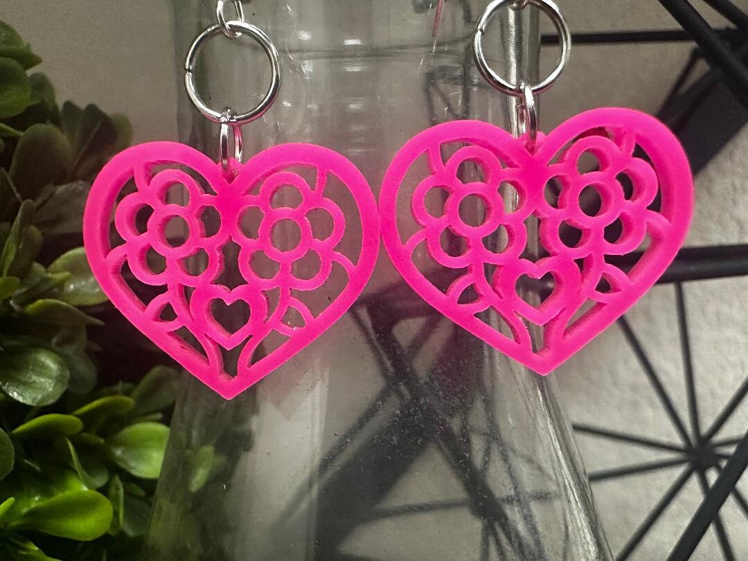 Flower Heart Earrings Acrylic Heart Earrings Laser Cut Earrings Glitter
