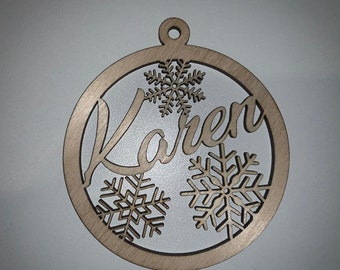 Personalized Name Ornament with Snowflakes, Painted Option, Natural Wood, Custom Ornament, Christmas Wedding Ornaments Decor, Laser Cut