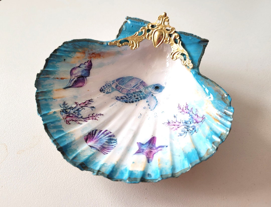 Coquille Saint Jacques décorée, motif tortue, océan, mer, coquillages