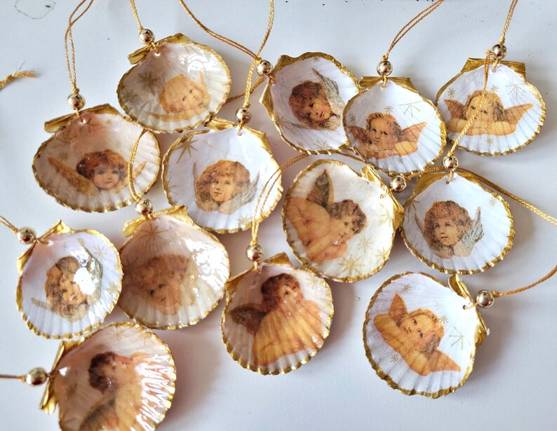Set of Small Decorated Shells, Christmas Decoration, Angel Motif, Set ...