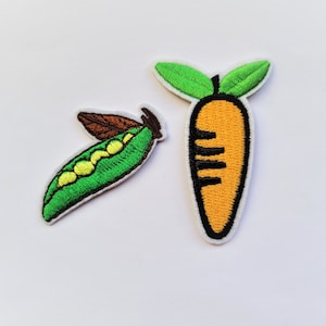set of 2 embroidered iron-on patches, carrot + polka dots