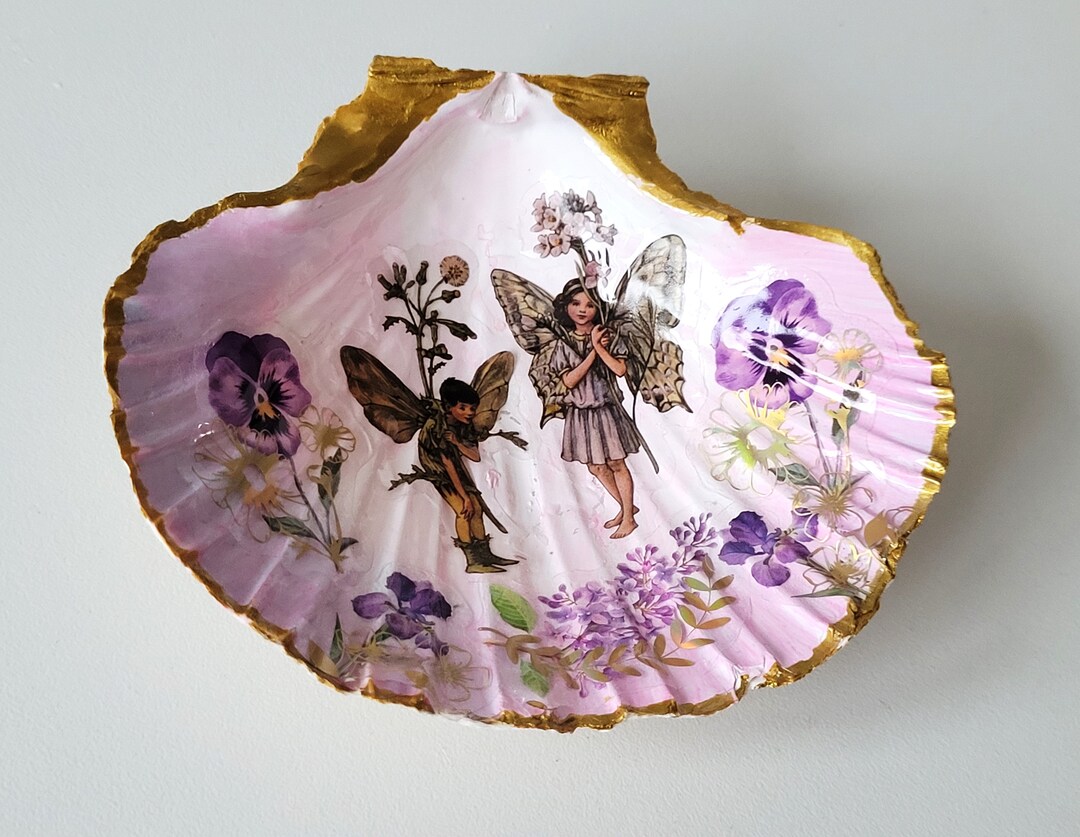 Decorated Scallop Shell, Elves and Flowers, Pink, Bowl, Jewelry Holder ...