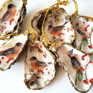 decorated oyster shell, bird motif, Christmas decoration, decoupage, to hang, price for 1 shell