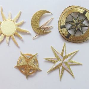 gold iron-on patch, moon, sun, star, dial, 5 models