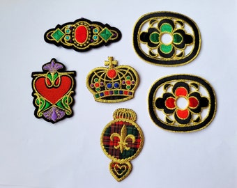 iron-on patch, 6 different models, crown, fleur de lys, royalty, gold, gold color