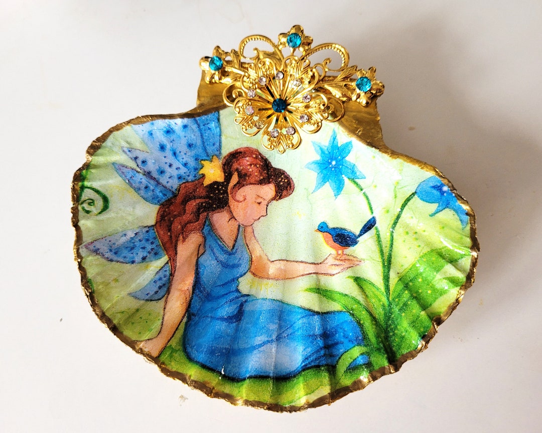 Decorated Scallop Shell, Elf With Bird, Cutting, Bowl, Jewelry Holder ...