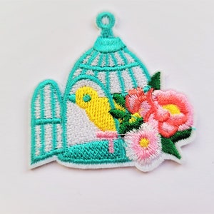 iron-on embroidered patch, birdcage with flowers