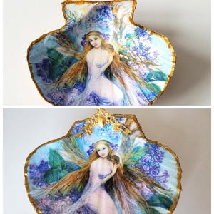 Large decorated scallop shell, elf motif, large shell, 13 cm, decoupage