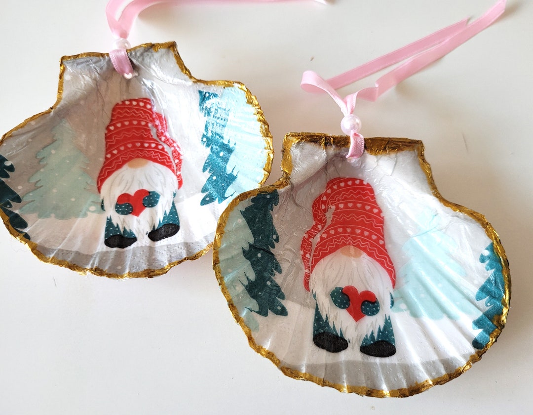 Decorated Scallop Shell, Decoupage, Christmas, Gnome, Elf, 1 or 2 ...