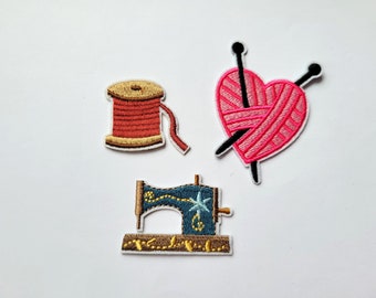 iron-on patch, 3 models, sewing, sewing machine, wool and needles, spool
