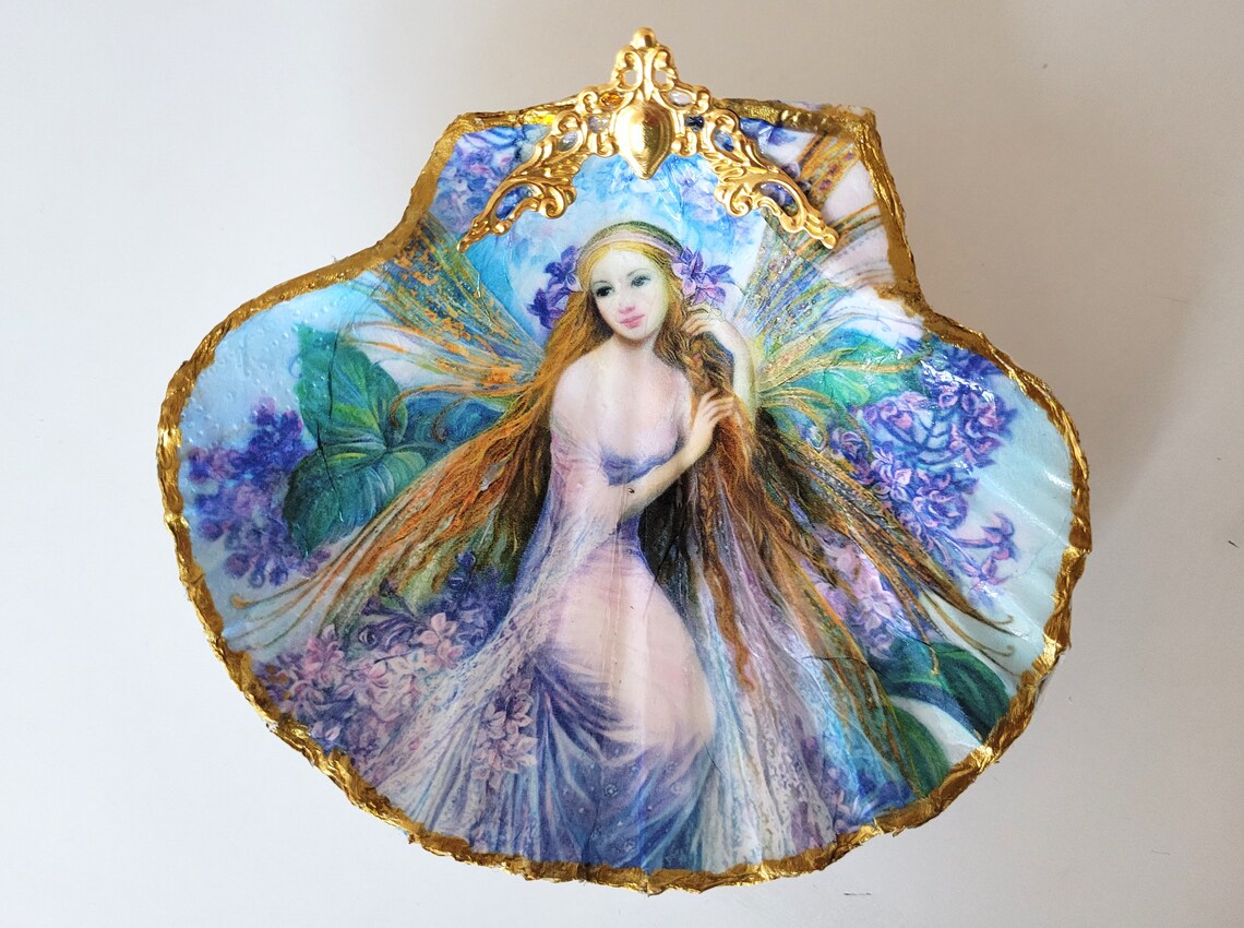Large Decorated Scallop Shell, Elf Motif, Large Shell, 13 Cm, Decoupage ...