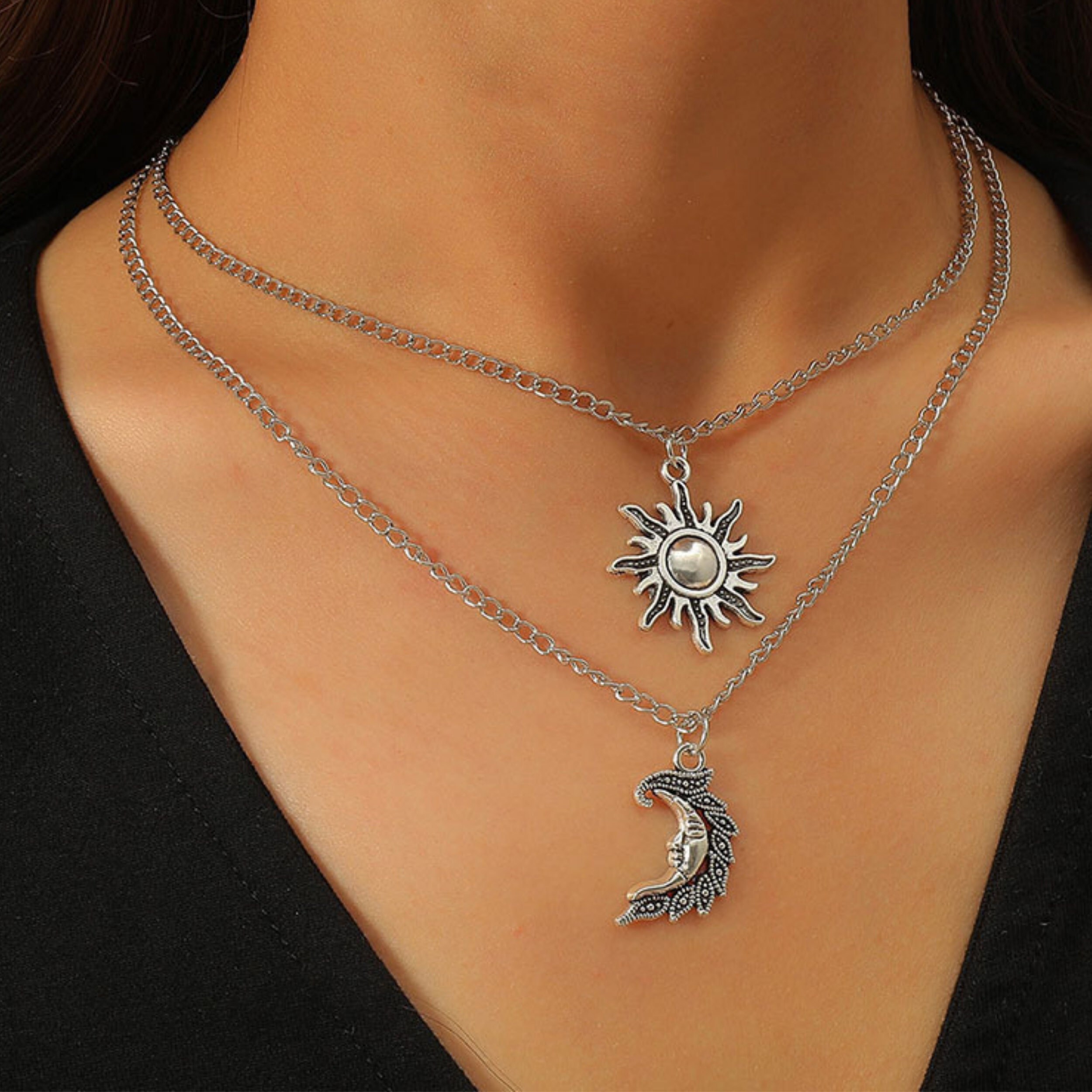 Vintage Multilayer Moon Sun Pendant Necklace Sweater Silver Gold Chain Jewellery