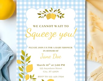 We Cannot Wait To Squeeze You! Lemon Baby Shower Invitation: Canva Template
