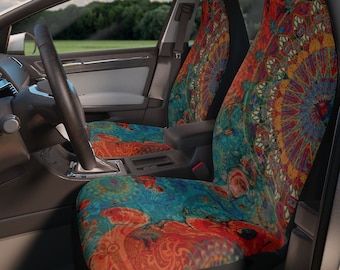 Celestial Mandala Car Seat Covers for Vehicle, Set of Two, Rust Orange and Teal Boho Car Accessories for Women, College Girl Car Decor