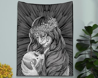 Santa Muerte Sugar Skull Wall Art, Danse Macabre Bedroom Decor, Dark Gothic Halloween Tapestry, Woman with Skull Day of the Dead Decor