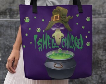 I Smell Children Funny Halloween Teacher Tote Bag, Retro Halloween Tote Bag with Witch, Cute Halloween Gift for Elementary Teacher