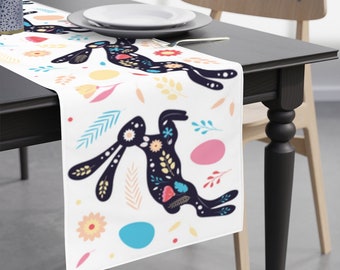 Swedish Folk Art Easter Table Runner, Modern Nordic Easter Table Decor, Rabbits and Spring Flowers Table Linens