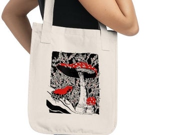 Dark Forest Toadstool and Frog Bag, Red and Black Mushroom and Toad Reusable Grocery Bag, 100% Organic Cotton Tote, Zero Waste Shopping Bag