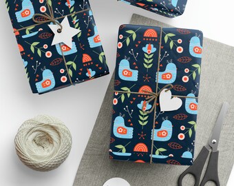 Scandi Birds, Flowers, and Rainbow Christmas Gift Wrap, Folklore Elements Wrapping Paper Rolls, Danish Blue Bird Holiday Wrap