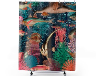 Colorful Fish Shower Curtain, Vintage Vibe Nautical Bathroom Decor with Tropical Fish and Corals in Blue and Orange