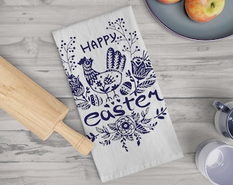 Easter Tea Towel, Norwegian Folk Art Rooster Kitchen Decor in Indigo, Easter Gift for Hostess, Nordic Easter Decor