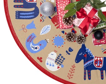 Hygge Christmas Tree Skirt with Danish Folk Art Motive, Cozy Fleece Tree Skirt, Swedish Christmas Decor