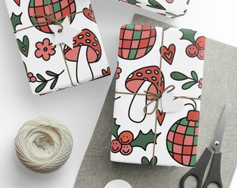 Grrovy Mushroom Christmas Gift Wrap, Disco Ball and Toadstool Trippy Wrapping Paper Roll, Pink and Green Holiday Wrap with Retro Vibes