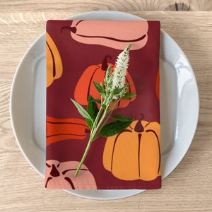 Thanksgiving Cloth Napkins, Set of Four, Burnt Orange and Pastel Pumpkins Fall Table Decor, Family Dinner Gift for Hostess image 1