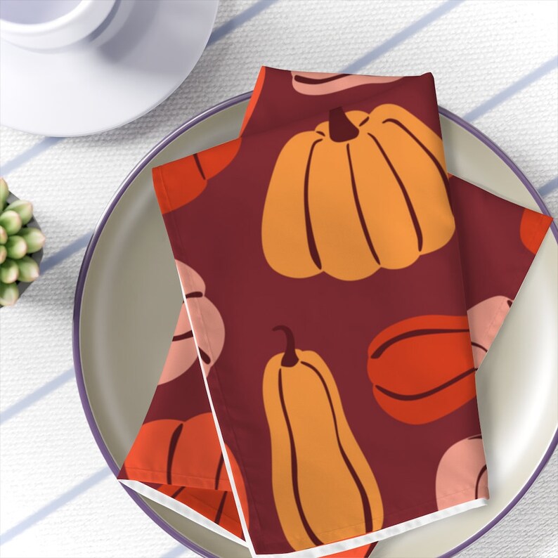Thanksgiving Cloth Napkins, Set of Four, Burnt Orange and Pastel Pumpkins Fall Table Decor, Family Dinner Gift for Hostess image 2