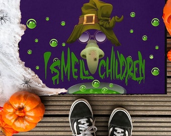 I Smell Children Witch Door Mat, Halloween Welcome Mat for Trick or Treating, Cartoon Witch Decor