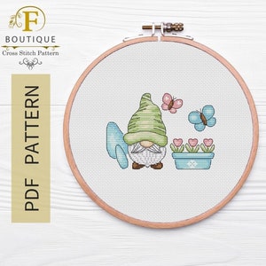 Schema punto croce gnomo, schema punto croce gnomo da giardino in PDF, divertente nano di primavera, PDF download immediato, piccolo ricamo kawaii