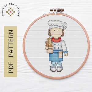 Doll Cross Stitch Pattern, French Doll Counted Cross Stitch Pattern, Cross Stitch Pattern Bakery Doll  DIY Embroidery, PDF Instant Download