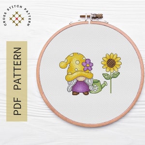 Schema punto croce gnomo estivo, schema punto croce gnomo da giardino in PDF, divertente nano primaverile, PDF download immediato, piccolo ricamo kawaii