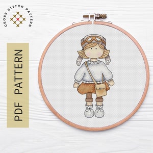 Doll Aviator Cross Stitch Pattern, Cute Doll  Cross Stitch, Girl Cross Stitch Pattern Instant Download PDF