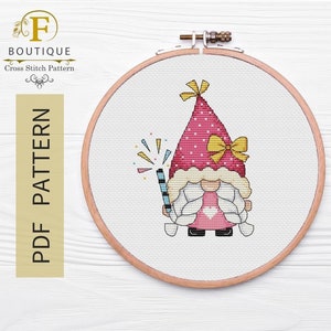 Birthday Gnome Cross Stitch Pattern, Watercolor Gnome Cross Stitch Pattern, Counted Blue Gnome Cross Stitch PDF Pattern
